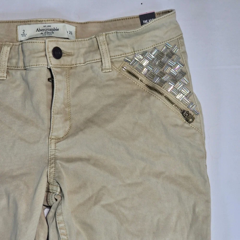 Abercrombie & Fitch Mid Rise Jegging Khaki Tan Studded Moto Pants Size 2 W26 - Picture 12 of 16